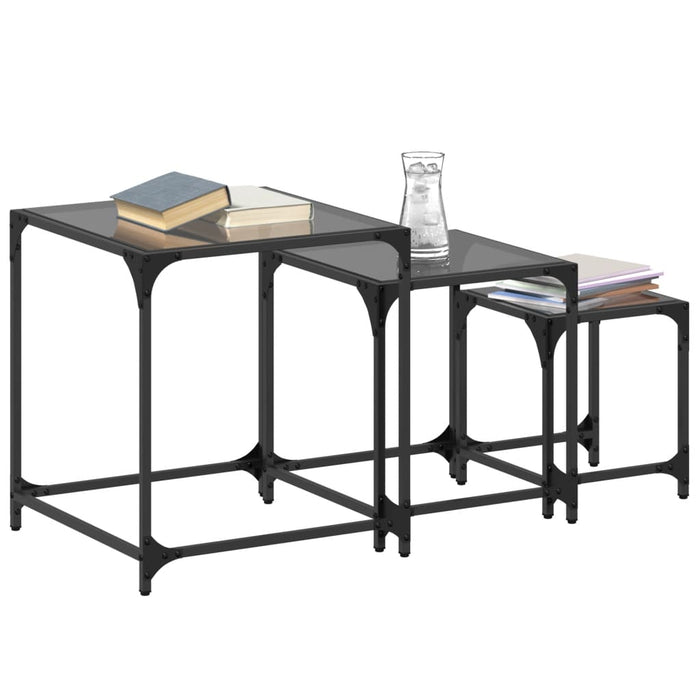 Nesting Coffee Tables 3 pcs with Black Glass Top Steel