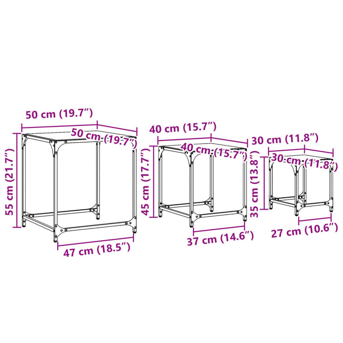 Nesting Coffee Tables 3 pcs with Black Glass Top Steel