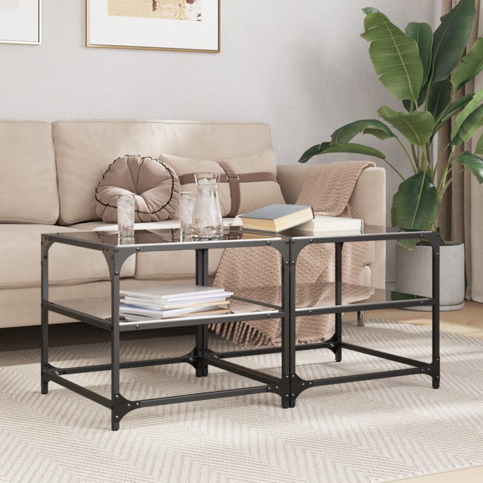 Coffee Tables with Black Glass Top 2 pcs 50x50x45 cm Steel