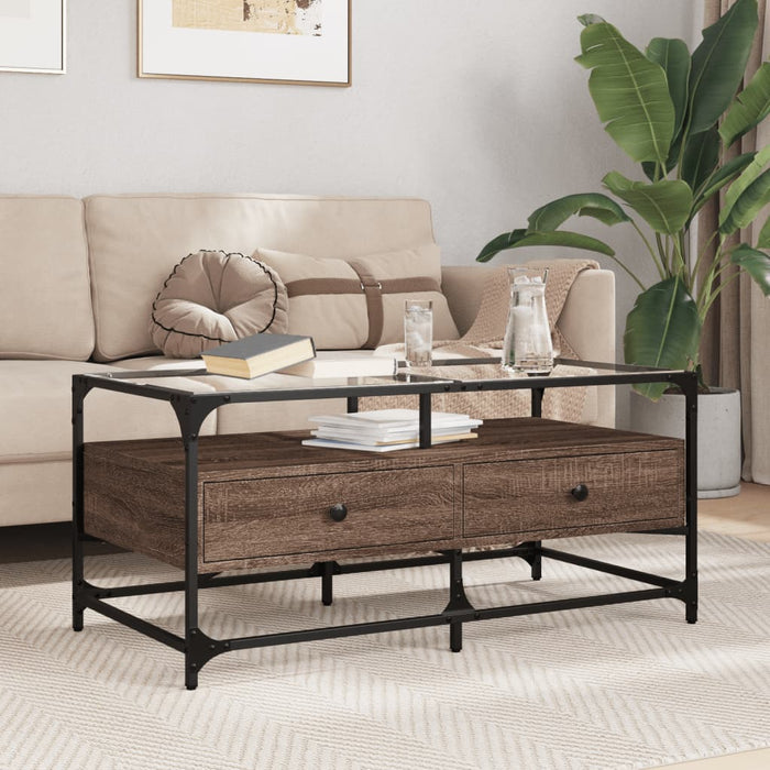 Coffee Table with Glass Top Brown Oak 98.5x50x45 cm Steel