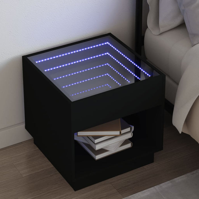 Bedside Table with Infinity LED Black 50x50x50 cm