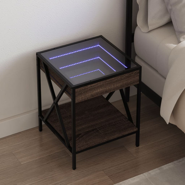 Bedside Table with Infinity LED Brown Oak 40x40x49 cm