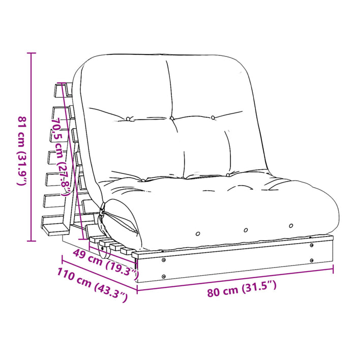 Canapea extensibila Futon cu Saltea 80x206x11 cm Lemn Masivul Pin