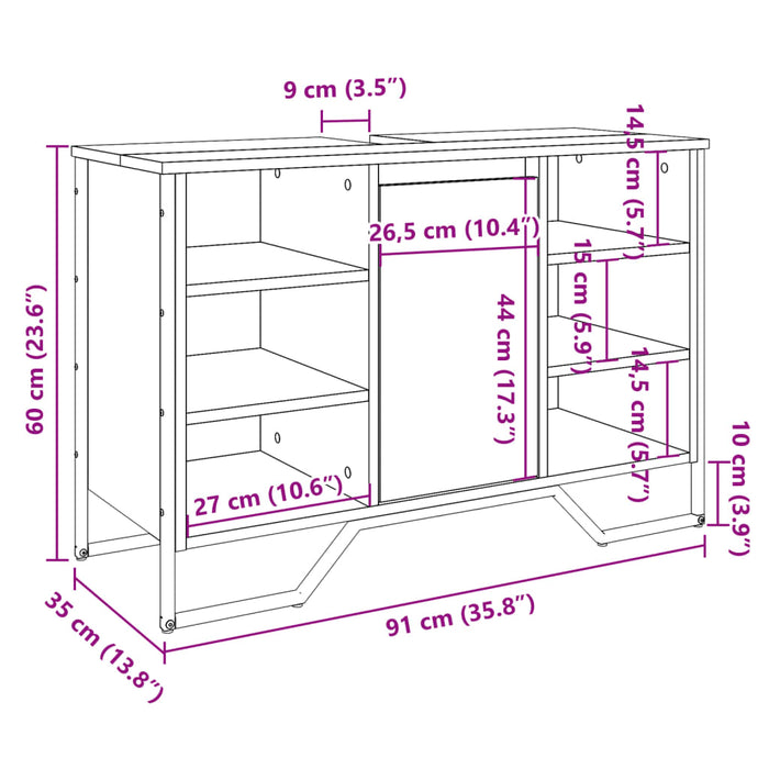 Шкаф за мивка за баня Grey Sonoma 91x35x60 см Инженерно дърво