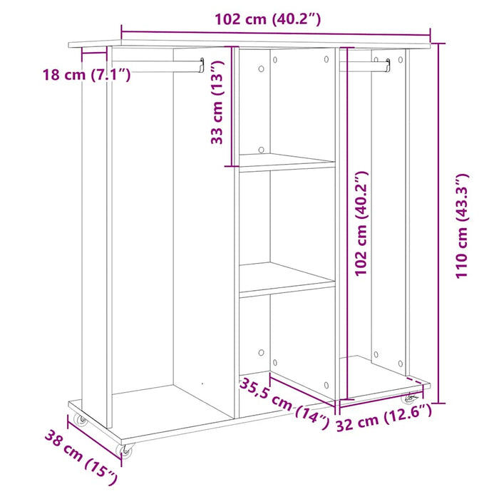 Гардероб с колелца бетонно сиво 102x38x110 см инженерно дърво