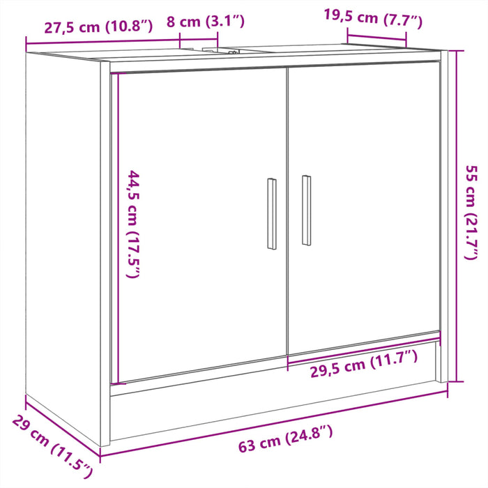 Шкафчик для мойки из копченого дуба 63x29x55 см, инженерная древесина