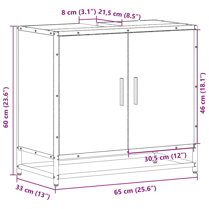 Шкаф за мивка за баня дъб сонома 65x33x60 см инженерно дърво