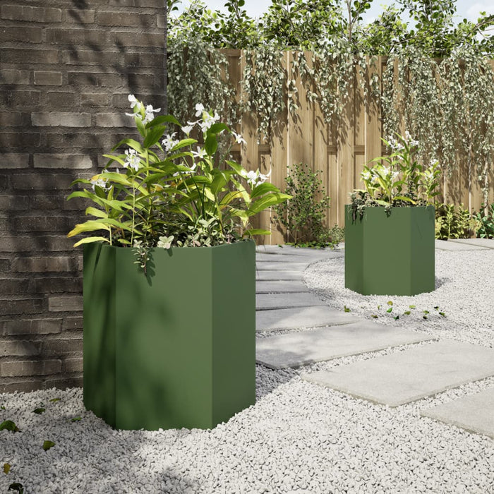 Jardiniera De Gradina 2 buc Hexagon Verde Masline 46x40x45 cm Otel