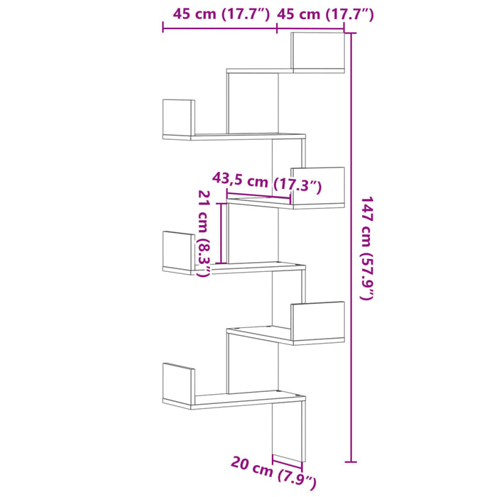 Стенен Ъглов рафт Бетонно сиво 45x45x147 см Инженерно дърво