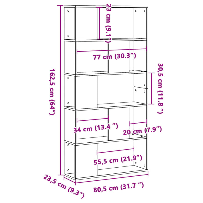 Bibliotecă cu 5 niveluri, alb, 80,5x23,5x162,5 cm, lemn de prelucrare