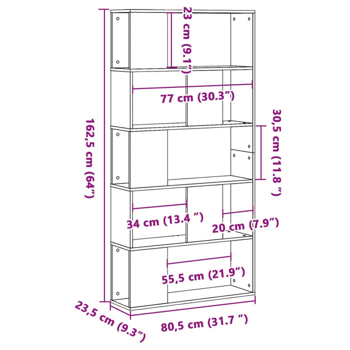 Bibliotecă cu 5 niveluri, negru, 80,5x23,5x162,5 cm, lemn de prelucrare