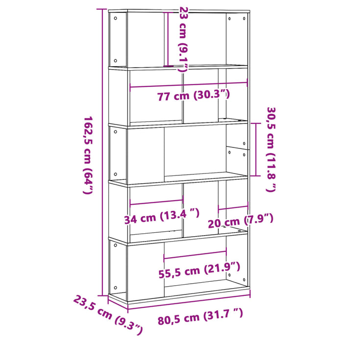 Bibliotecă cu 5 niveluri, gri beton, 80,5x23,5x162,5 cm.