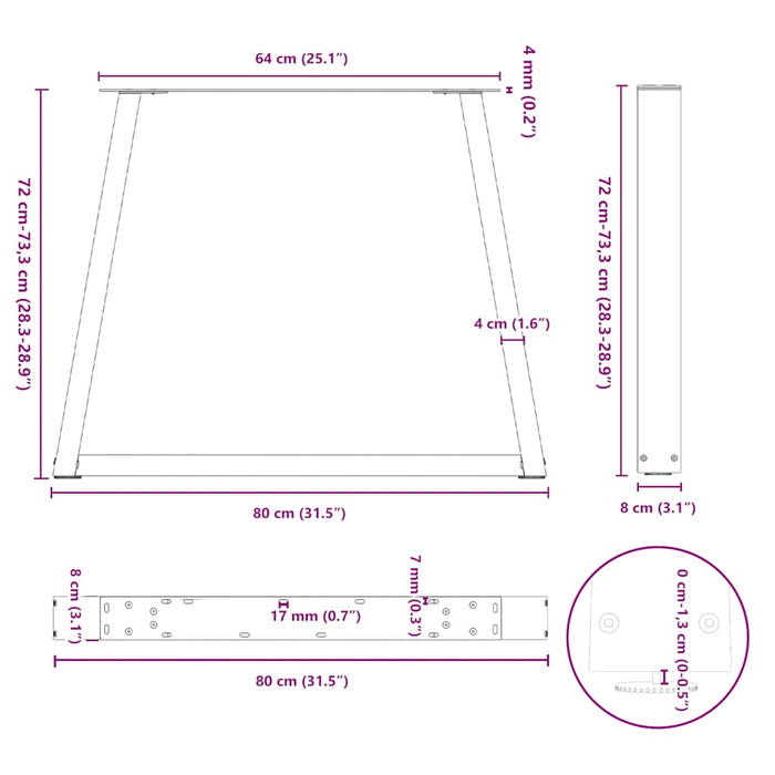 Picioare pentru masă în formă de V 3 buc Oțel natural 80x(72-73,3) cm Oțel