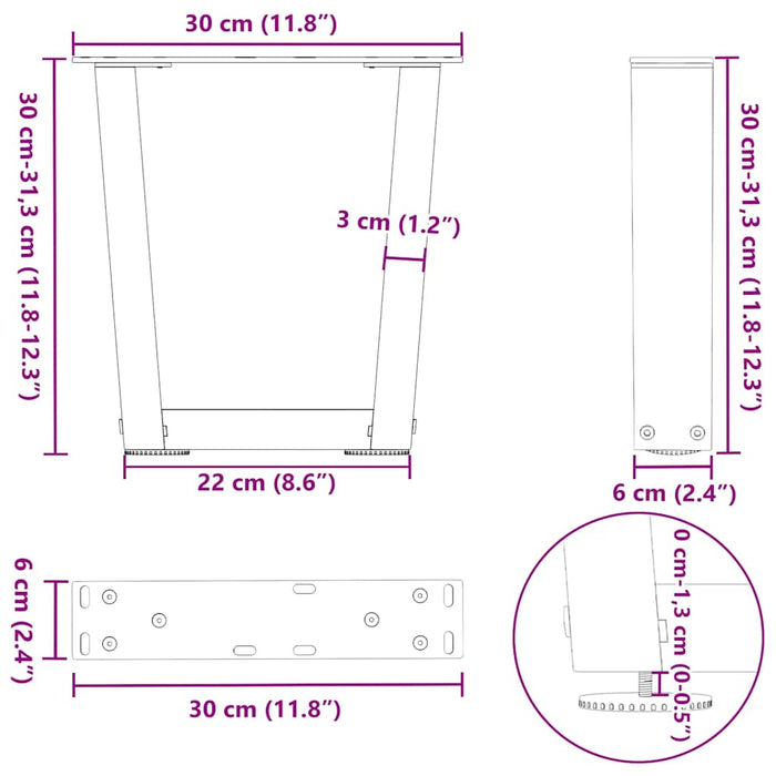 Picioare de masă în formă de V 2 buc Alb 30x(30-31,3) cm Oțel