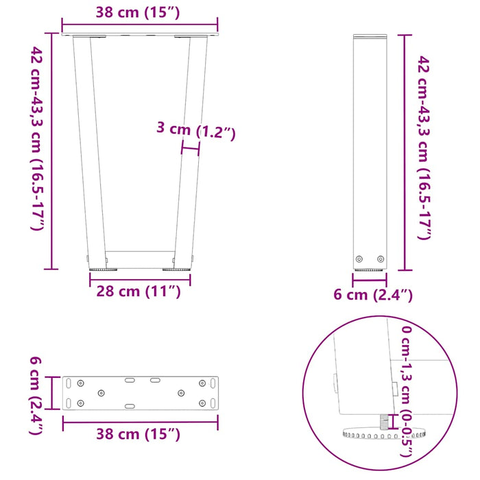 Picioare pentru masă în formă de V 2 buc Negru 38x(42-43,3) cm Oțel