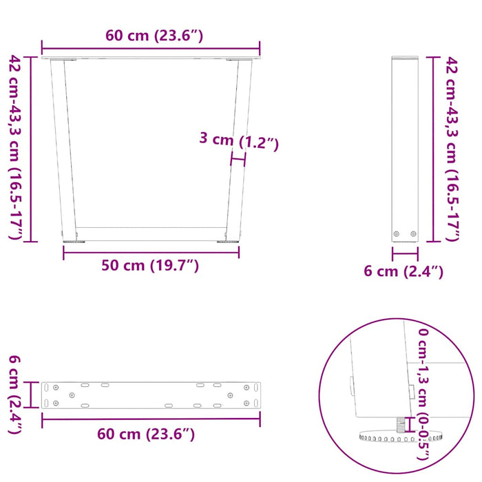 Picioare de masă în formă de V 2 buc Oțel natural 60x(42-43,3) cm Oțel