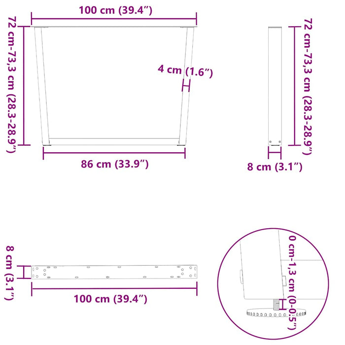 Dining Table Legs V-Shape 3 pcs Black 100x(72-73.3) cm Steel