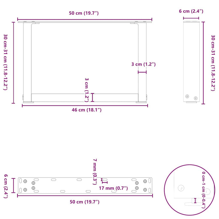 Picioare măsuță de cafea în formă de U 2 buc Negru 50x(30-31) cm Oțel