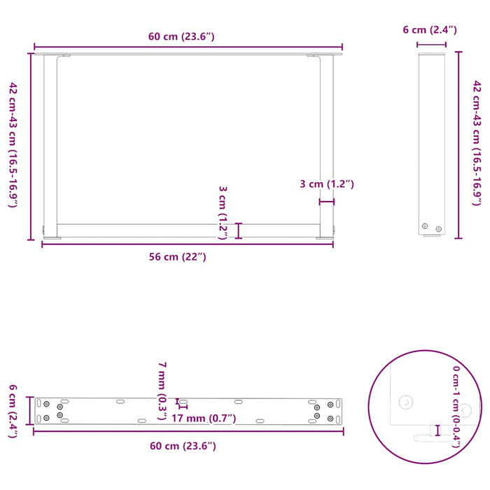 Coffee Table Legs U-Shaped 2 pcs Natural Steel 60x(42-43) cm Steel