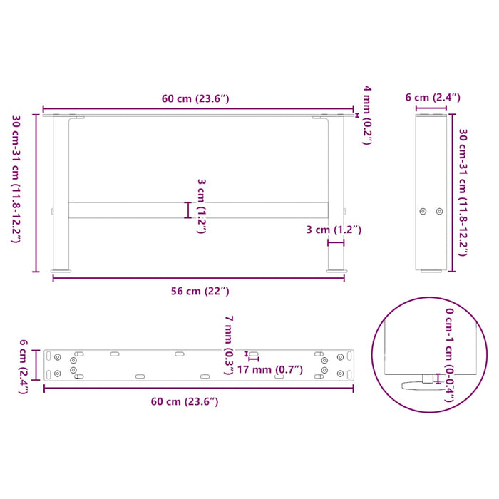 Coffee Table Legs White 2 pcs 60x(30-31) cm Steel