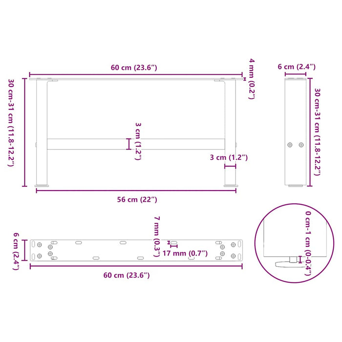 Picioare Masuta de cafea Otel Natural 2 buc 60x(30-31) cm Otel