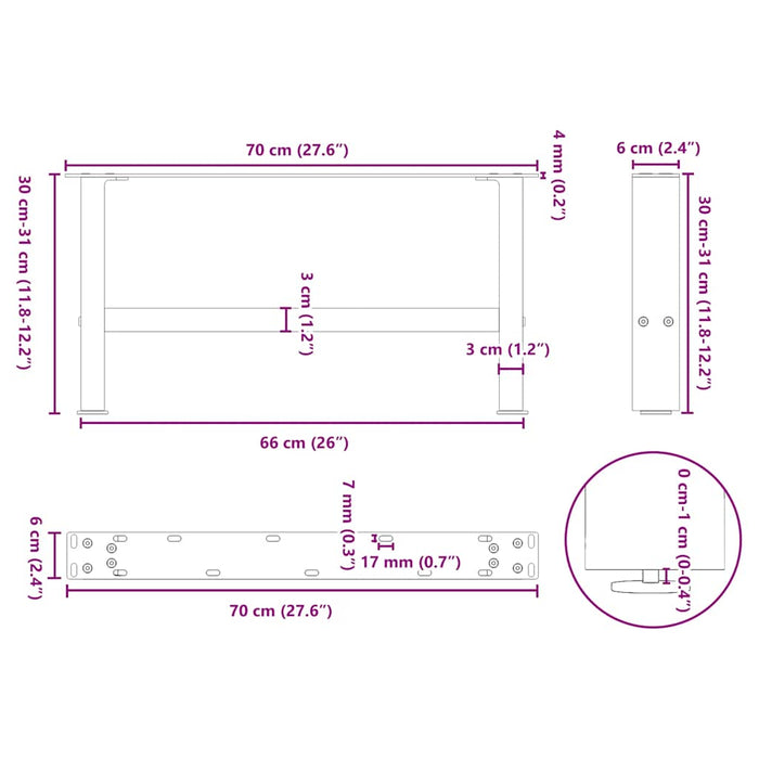 Coffee Table Legs Black 2 pcs 70x(30-31) cm Steel