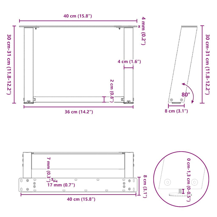 Picioare măsuță de cafea în formă de U 2 buc Alb 40x(30-31) cm Oțel