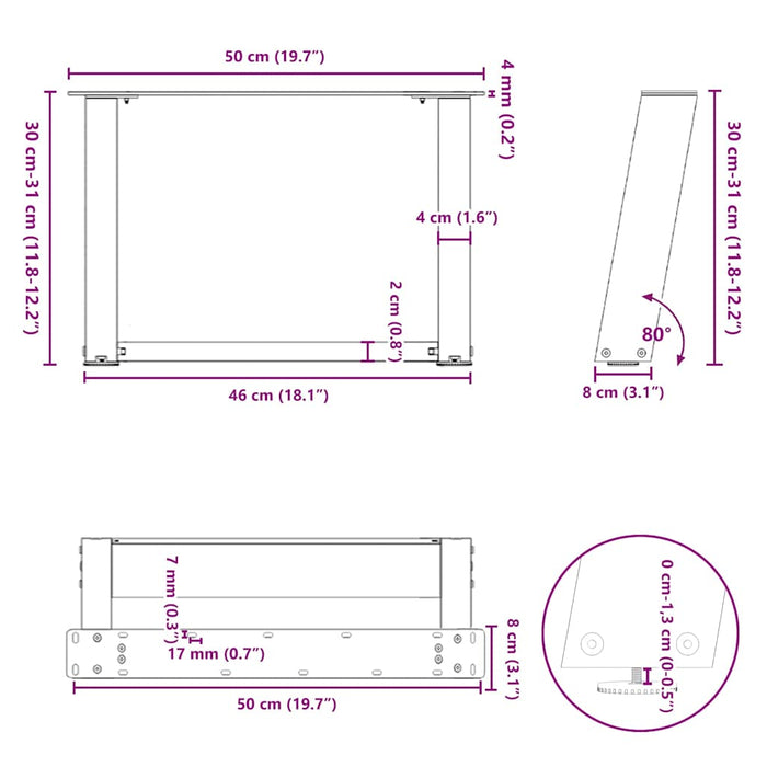 Coffee Table Legs U-Shaped 2 pcs Black 50x(30-31) cm Steel