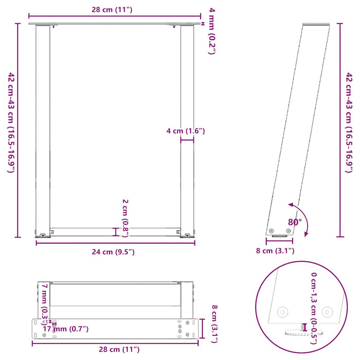 Coffee Table Legs U-Shaped 2 pcs Black 28x(42-43) cm Steel