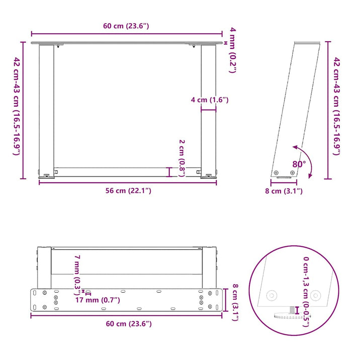 Coffee Table Legs U-Shaped 2 pcs Black 60x(42-43) cm Steel