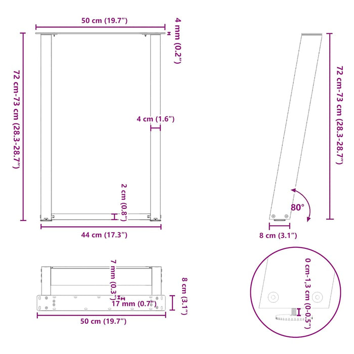 vidXL Dining Table Legs U-Shaped 2 pcs Black 50x(72-73) cm Steel