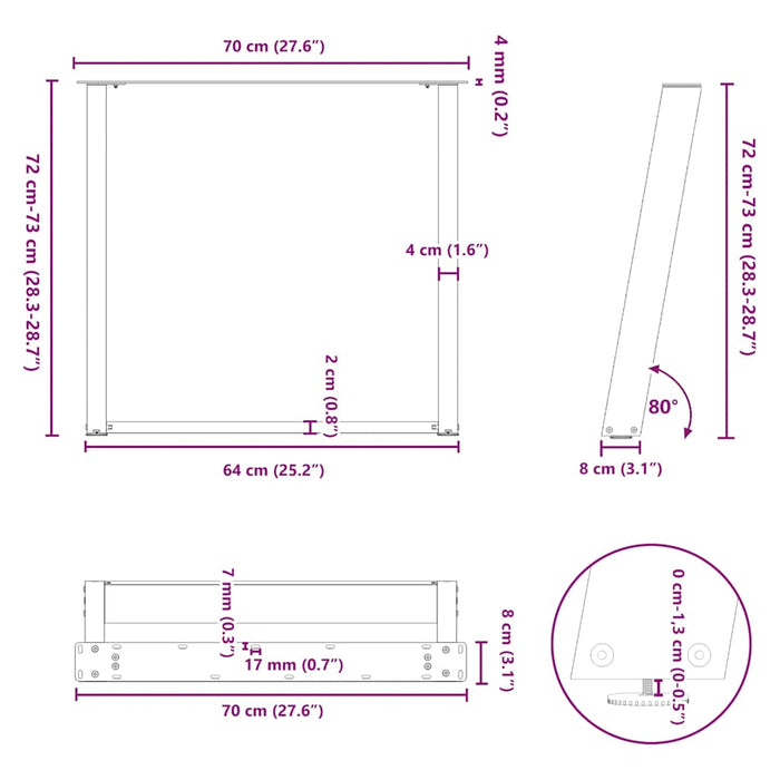 vidXL Dining Table Legs U-Shaped 2 pcs White 70x(72-73) cm Steel