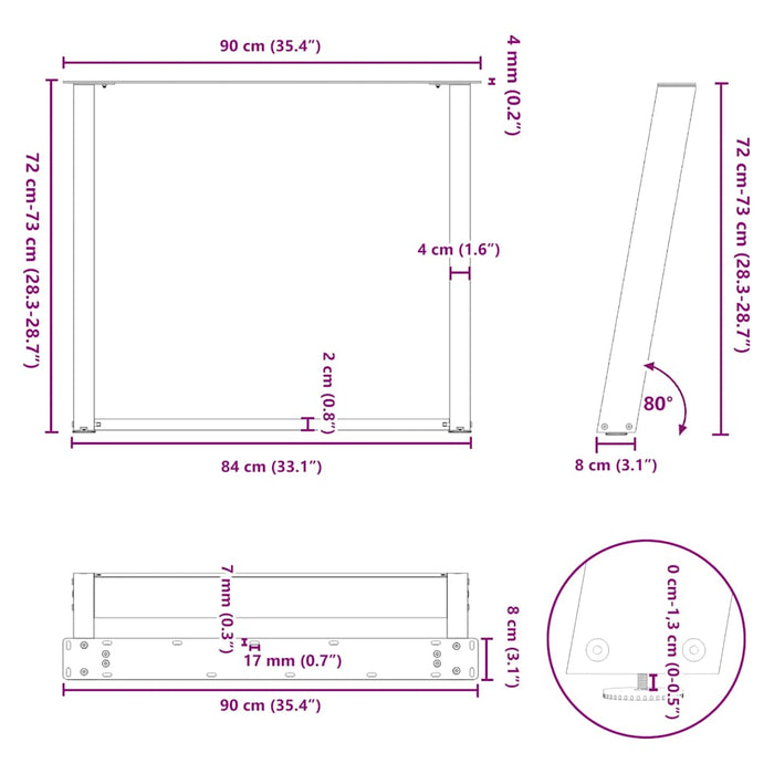 vidXL Dining Table Legs U-Shaped 2 pcs Black 90x(72-73) cm Steel