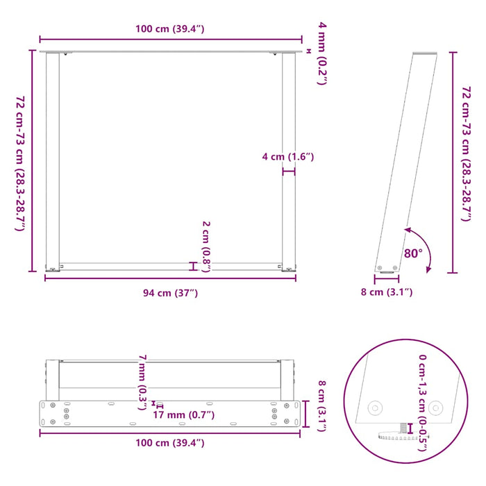 vidXL Dining Table Legs U-Shaped 2 pcs Black 100x(72-73) cm Steel