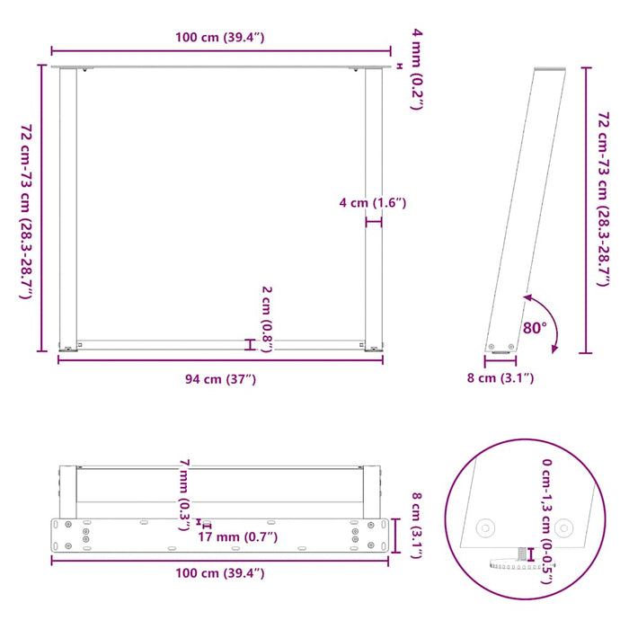 vidXL Dining Table Legs U-Shaped 2 pcs White 100x(72-73) cm Steel