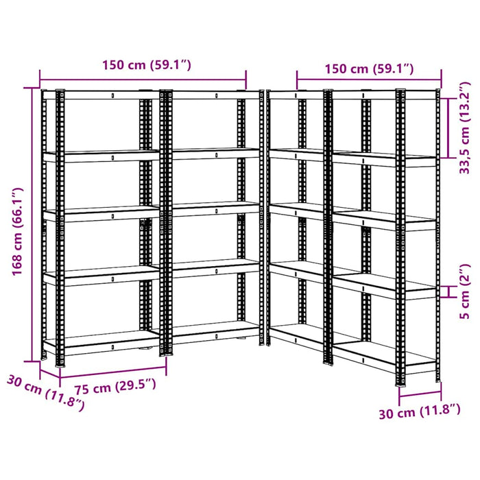 5-слойни рафтове за съхранение 4 бр. Сребърна стомана и инженерно дърво