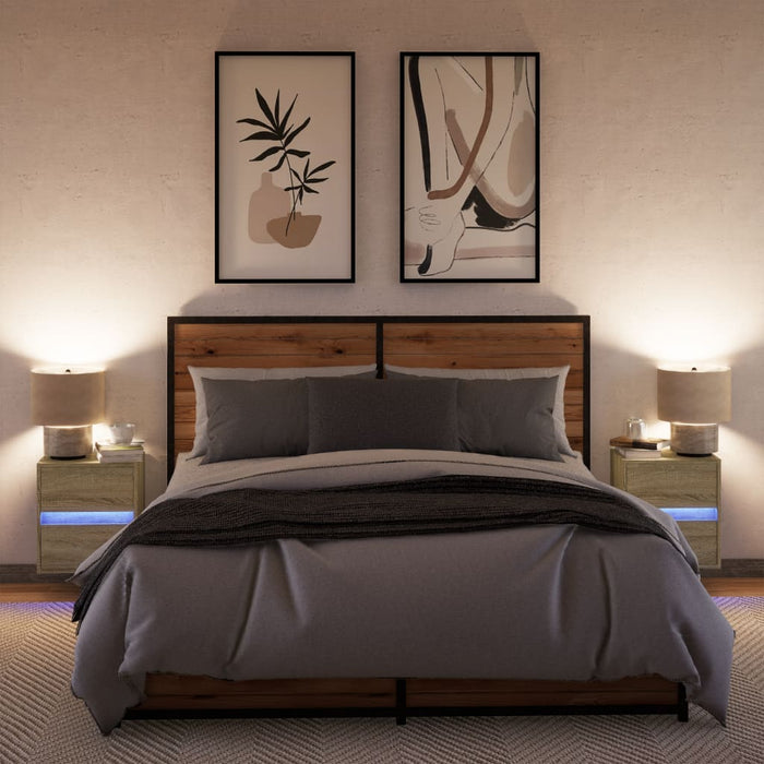 Wall-mounted Bedside Cabinets with LED Lights 2 pcs Sonoma Oak