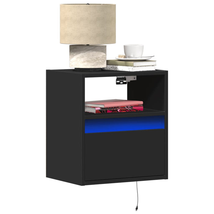 Wall-mounted Bedside Cabinet with LED Lights Black