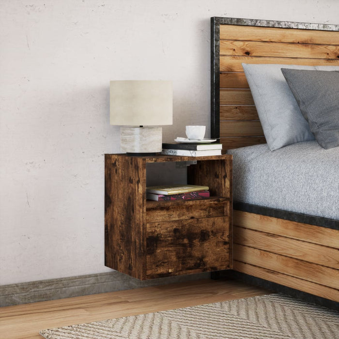 Wall-mounted Bedside Cabinet with LED Lights Smoked Oak