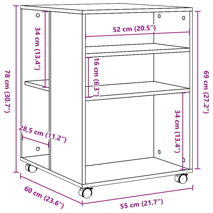 Masuta laterala cu roti Stejar afumat 55x60x78 cm Lemn derivat