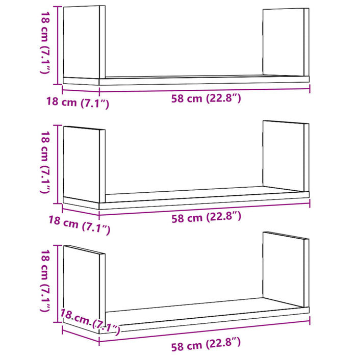 Wall Shelves 3 pcs Black 58x18x18 cm Engineered Wood