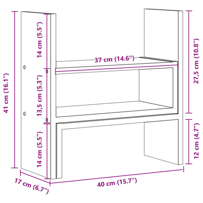 Organizator de birou, stejar afumat, reglabil, 40x17x41 cm.