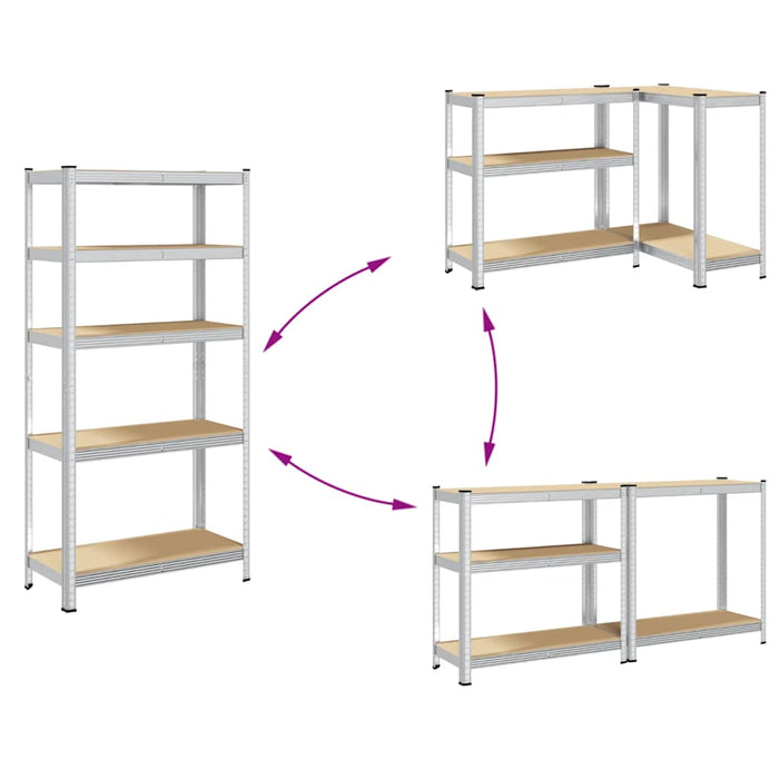 5-слойни рафтове за съхранение 2 бр. Сребърна стомана и инженерно дърво