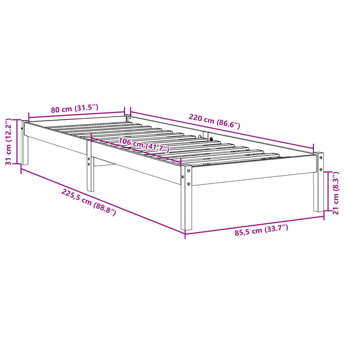 Cadru Pat Extra Lung fara Saltea 80x220 cm Lemn Masivul Pin