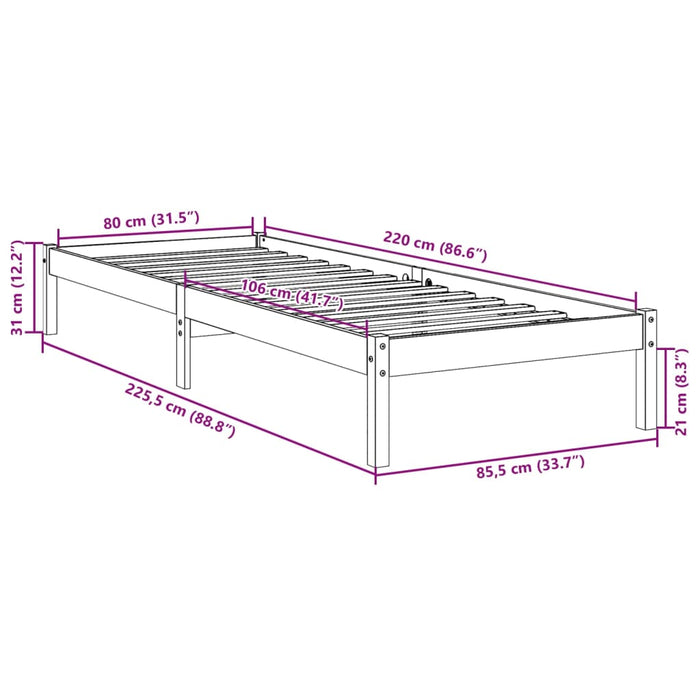 Cadru Pat Extra Lung fara Saltea Alb 80x220 cm Lemn Masivul Pin