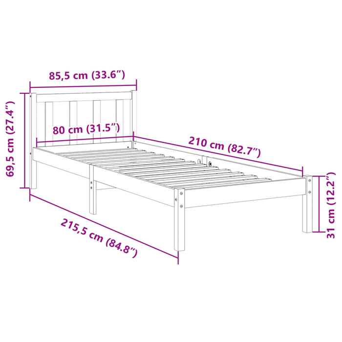 Cadru Pat Extra Lung fara Saltea 80x210 cm Lemn Masivul Pin