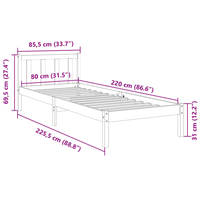 Cadru Pat Extra Lung fara Saltea Alb 80x220 cm Lemn Masivul Pin