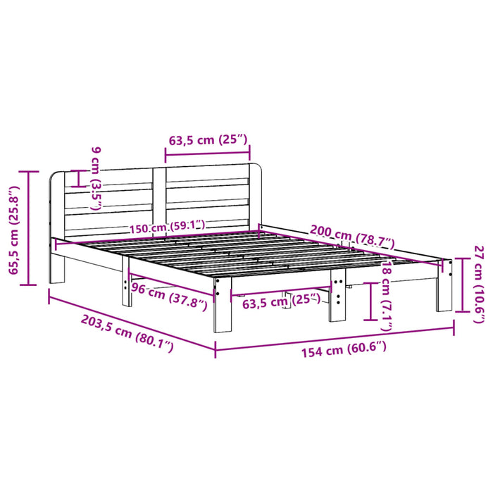 Рамка за легло без матрак Бяла 150x200 см King Size Масив Бор