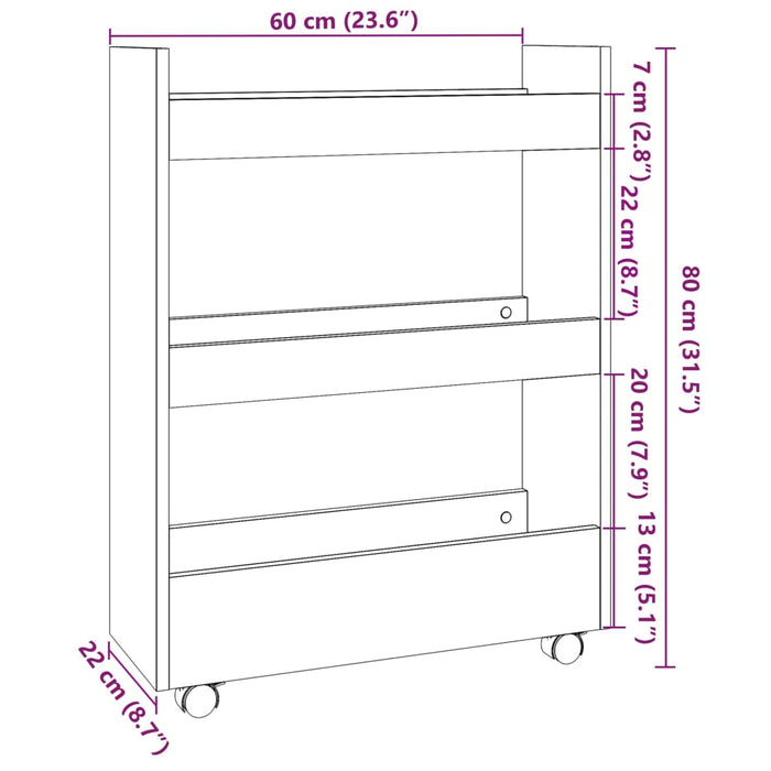 Narrow Storage Trolley 3 Tier White Engineered Wood