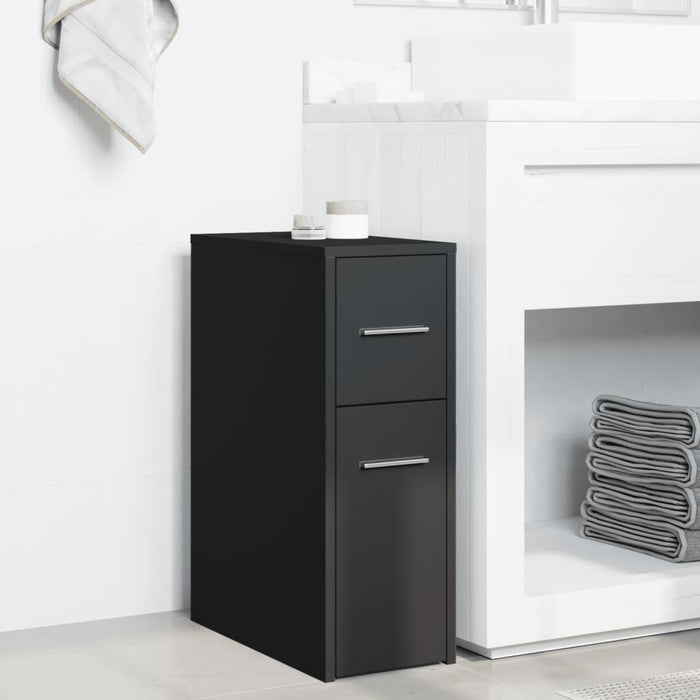 Narrow Bathroom Cupboard with Wheels Black Engineered Wood